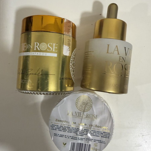 La Vie En Rose skincare set like new with scrub, face oil, and soap
