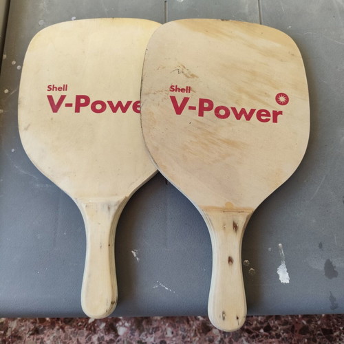 Shell V-Power wooden beach rackets, vintage collectible set