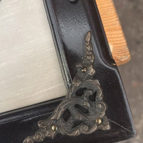 Wooden serving tray like new with brass handles and handmade Byzantine embroidery