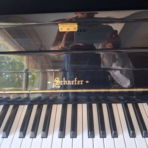 Schaefer 116WH Black upright acoustic piano with bench
