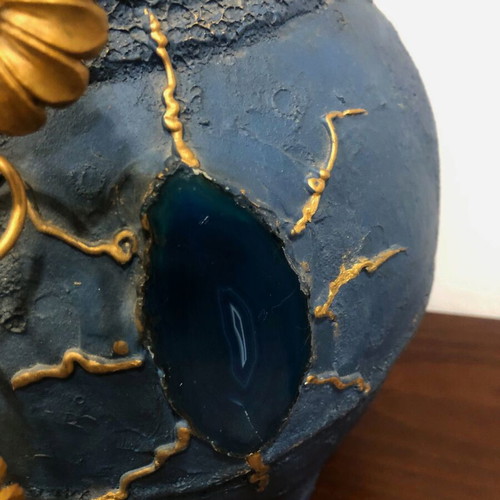 Handmade ceramic jar like new with stones and metal decorative elements