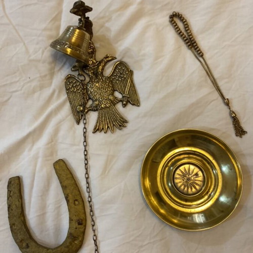Bronze Bell with Double-Headed Eagle & Vergina Ashtray, plus Horseshoe and Komboloi