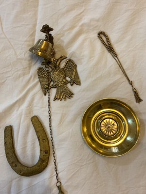 Bronze Bell with Double-Headed Eagle & Vergina Ashtray, plus Horseshoe and Komboloi
