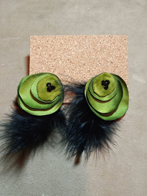 Satin green earrings with feathers like new