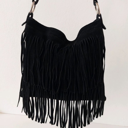 Genuine Leather crossbody bag used with fringes, black suede
