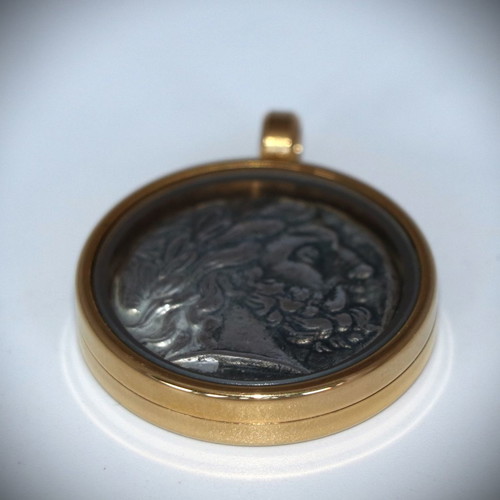 Pendant with ancient silver-plated coin - replica - Amphipolis - Philip, glass case 22K gold-plated