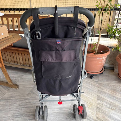 Maclaren Techno XLR stroller used with accessories and carrycot