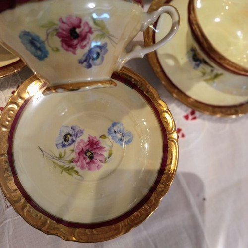 Vintage porcelain tea set 6 pieces used with burgundy and gold details