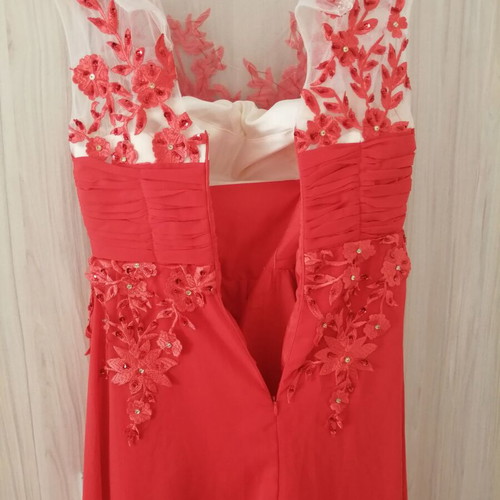 Elegant long red evening dress with floral embroidery and beads, size M