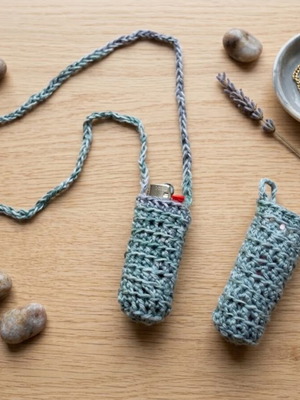 Crochet lighter case with neck cord, handmade boho set