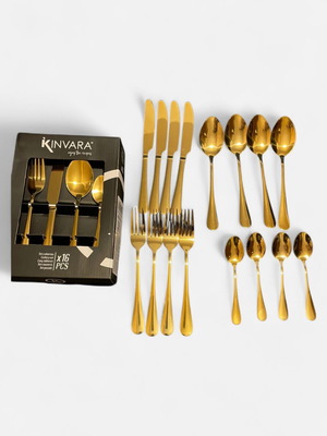 Kinvara Kitchen Set with INOX Cookware 5pcs and Gold Cutlery 16pcs new