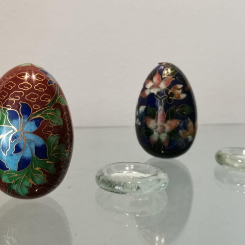 Cloisonne egg set used with enamel, burgundy and blue colors