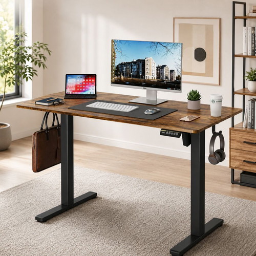 Electric Adjustable Desk 140x60 cm, dark brown with black frame