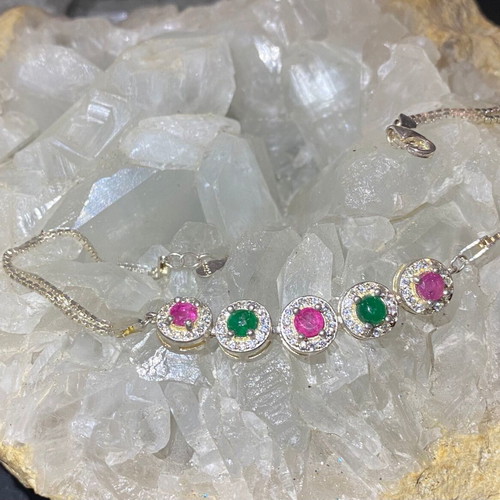 Handmade silver bracelet with natural emerald, ruby and moissanite, new