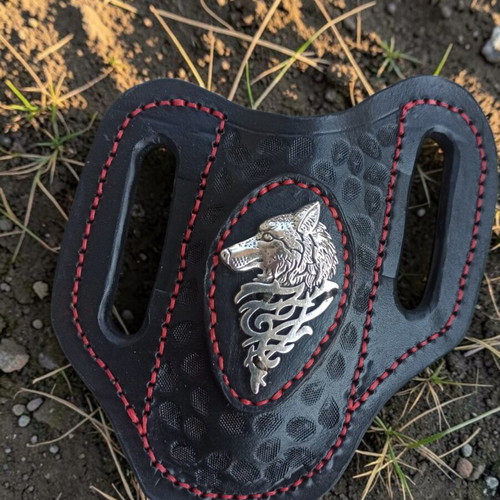 Handmade leather belt sheath for pocket knife with wolf head decoration