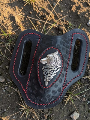 Handmade leather belt sheath for pocket knife with wolf head decoration