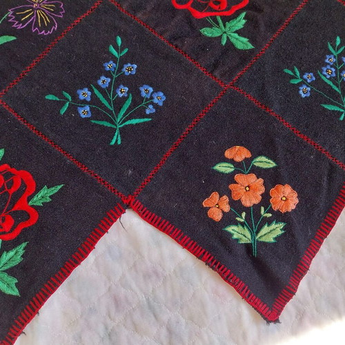 Handmade embroidered wall hanging used, floral patchwork carpet