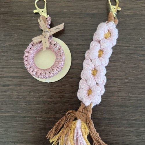 Handmade braided keychains like new, pink flowers