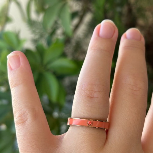 Loisir stainless steel ring with coral enamel and zircon like new