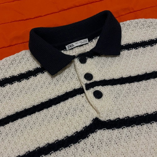 Zara striped knit polo sweater, size L, white and blue