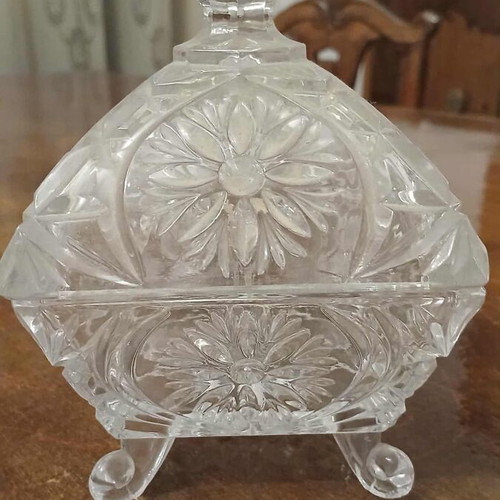 Glass sugar bowl with lid square shaped with embossed designs