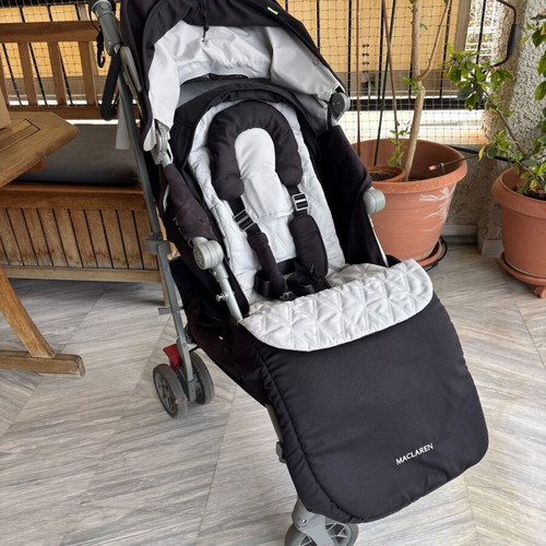 Maclaren Techno XLR stroller used with accessories and carrycot