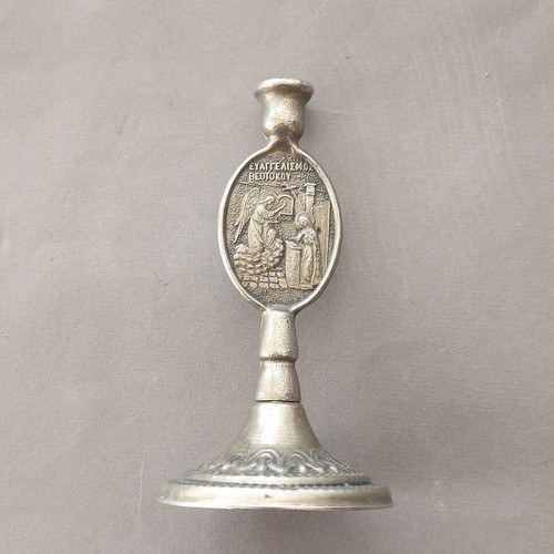Antique silver-plated Christian candle holder with Panagia Odigitria and Annunciation