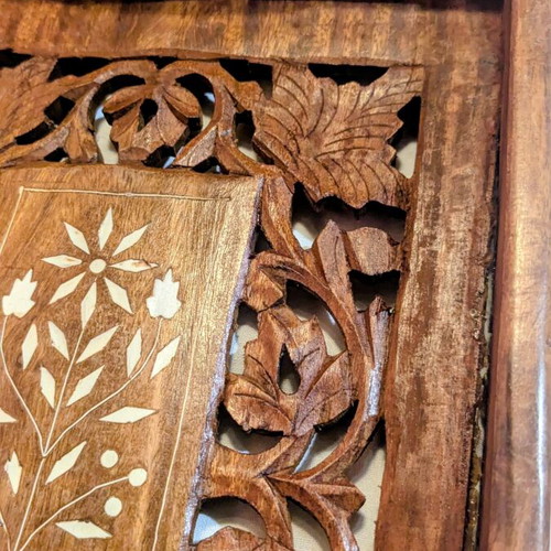 Vintage handmade wooden tray from India with carving and inlay decoration