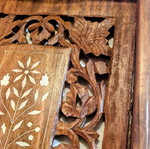 Vintage handmade wooden tray from India with carving and inlay decoration