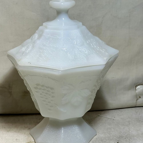 Vintage Milk Glass Candy Dish with Lid embossed grapes 20 cm used