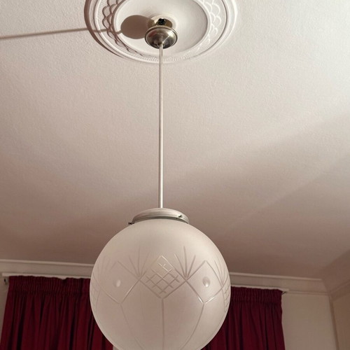 Vintage ceiling light with white cut crystal shade, used