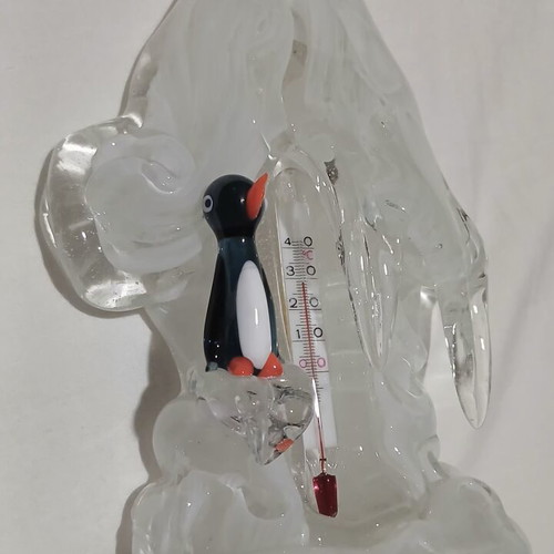 Jaroslav Brychta Glass Thermometer with Penguin, ŽBS Czechoslovakia 1950s