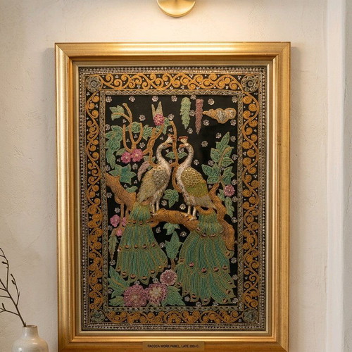Peacock Embroidery Textile Panel with Gold Frame