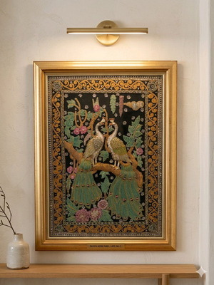 Peacock Embroidery Textile Panel with Gold Frame