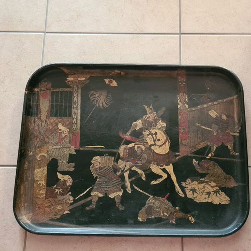 Antique tray with battle scene used