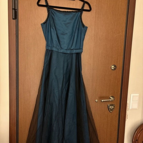Vera Mont Long Teal Backless Dress with Black Tulle Skirt like new