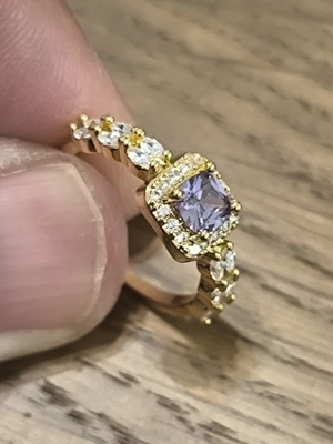 Gold ring with purple square zircon and white stones, adjustable
