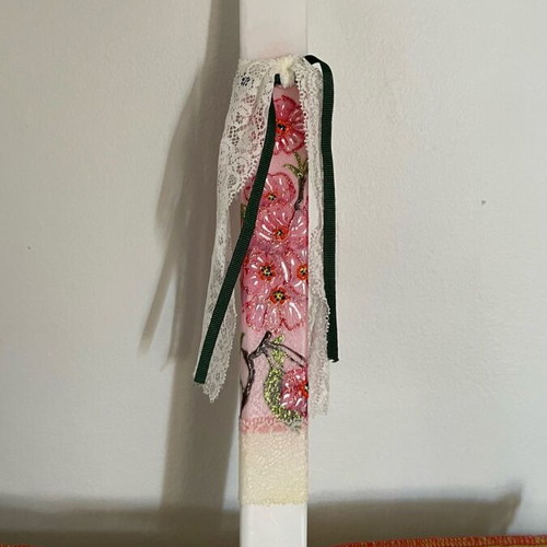 Candle with flowers new, painted with acrylics and decoupage