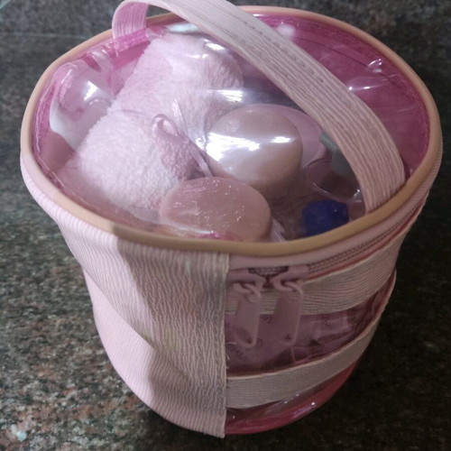 Cosmetic storage set like new with empty jars and pink pouch