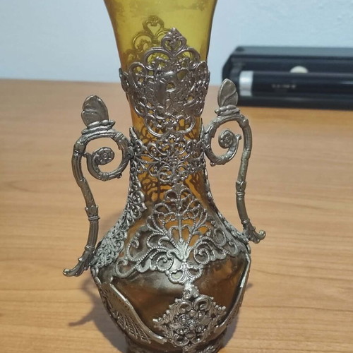 Gianniotiko vintage canataki used, amber blown glass with tin filigree