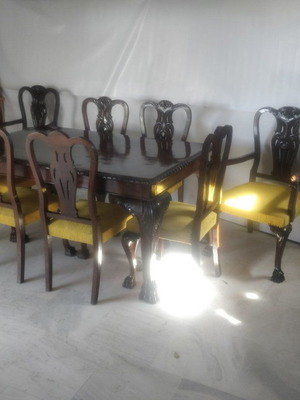 Antique dining table used solid walnut carved lion set with 6 chairs, 2 armchairs and buffet
