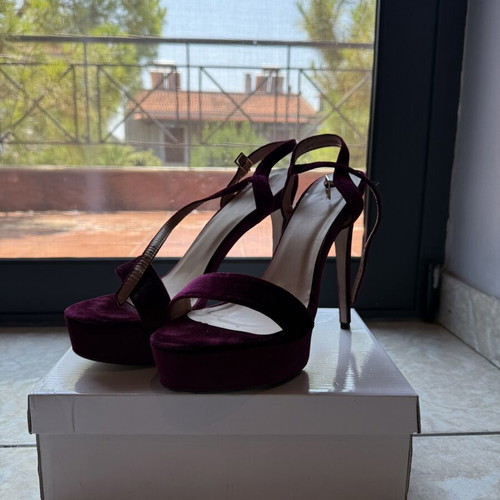 Sued high heel sandals 14cm used, red and purple, Ideal Shoes