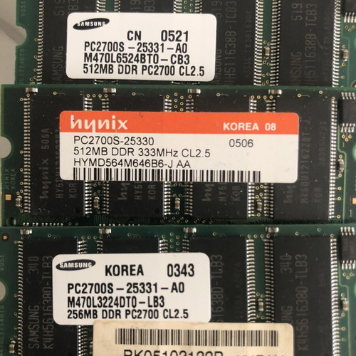 Laptop memory used, 19 pieces from 256MB to 2GB