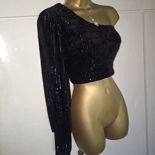 Lynne black velvet one shoulder crop sequin top size 40