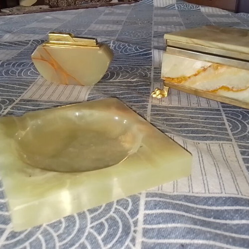 Vintage ashtray, lighter and jewelry box set from green onyx