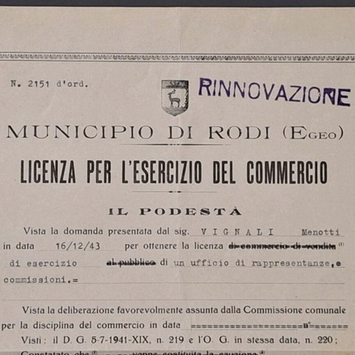 Historical document from Rhodes 1944 used, official commercial license with stamps