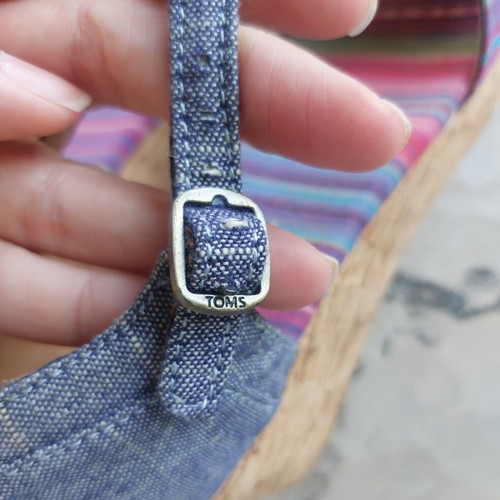 Toms platform sandals with cork and multicolor denim, like new