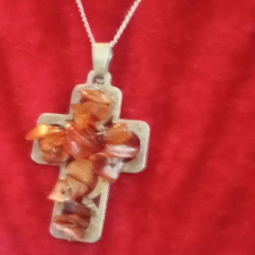 925 cross necklace with amber chips, 42cm chain