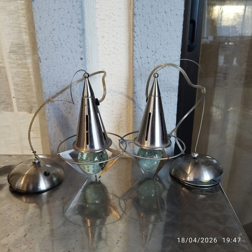 Apollo Rocket pendant lights used, metal frame with seeded glass spheres