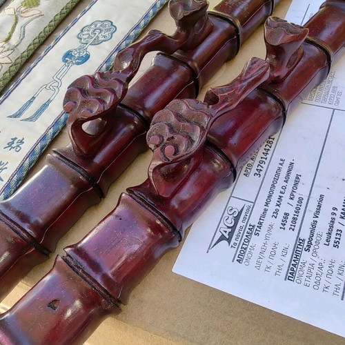 Chinese sticks like new with carved wooden cases and embroidered 19th-century cloths